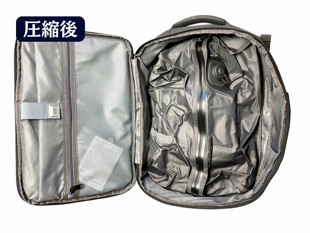 圧縮機能付きリュック 大容量20L ポンプ不要 拡張可能 手さげにもできる  5日間の海外旅行が可能 商社マン 旅行や出張に便利
